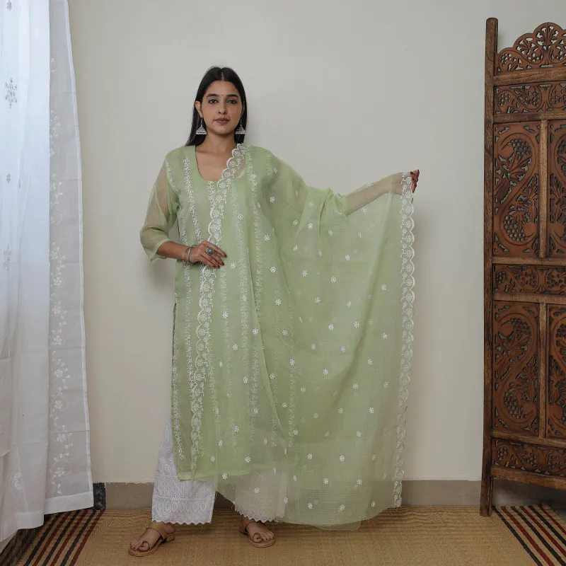 Green - Kota Doria Cotton Embroidery Kurta Suit Set 12 made by Itokri