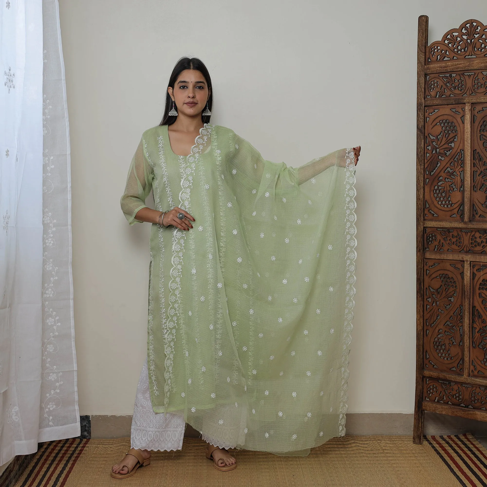 Green - Kota Doria Cotton Embroidery Kurta Suit Set 12 sold by Itokri