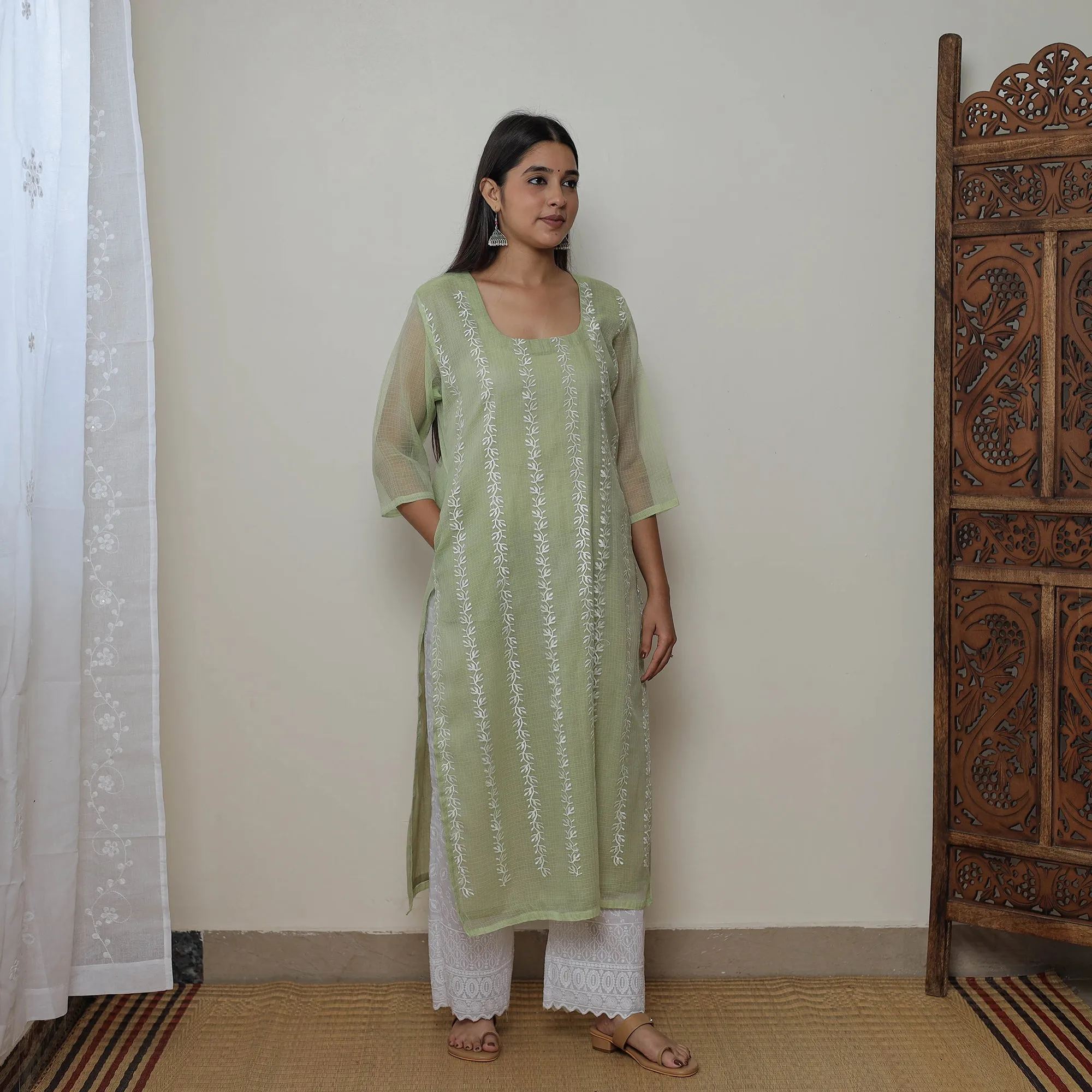 Green - Kota Doria Cotton Embroidery Kurta Suit Set 12 sold by Itokri product image thumbnail 5
