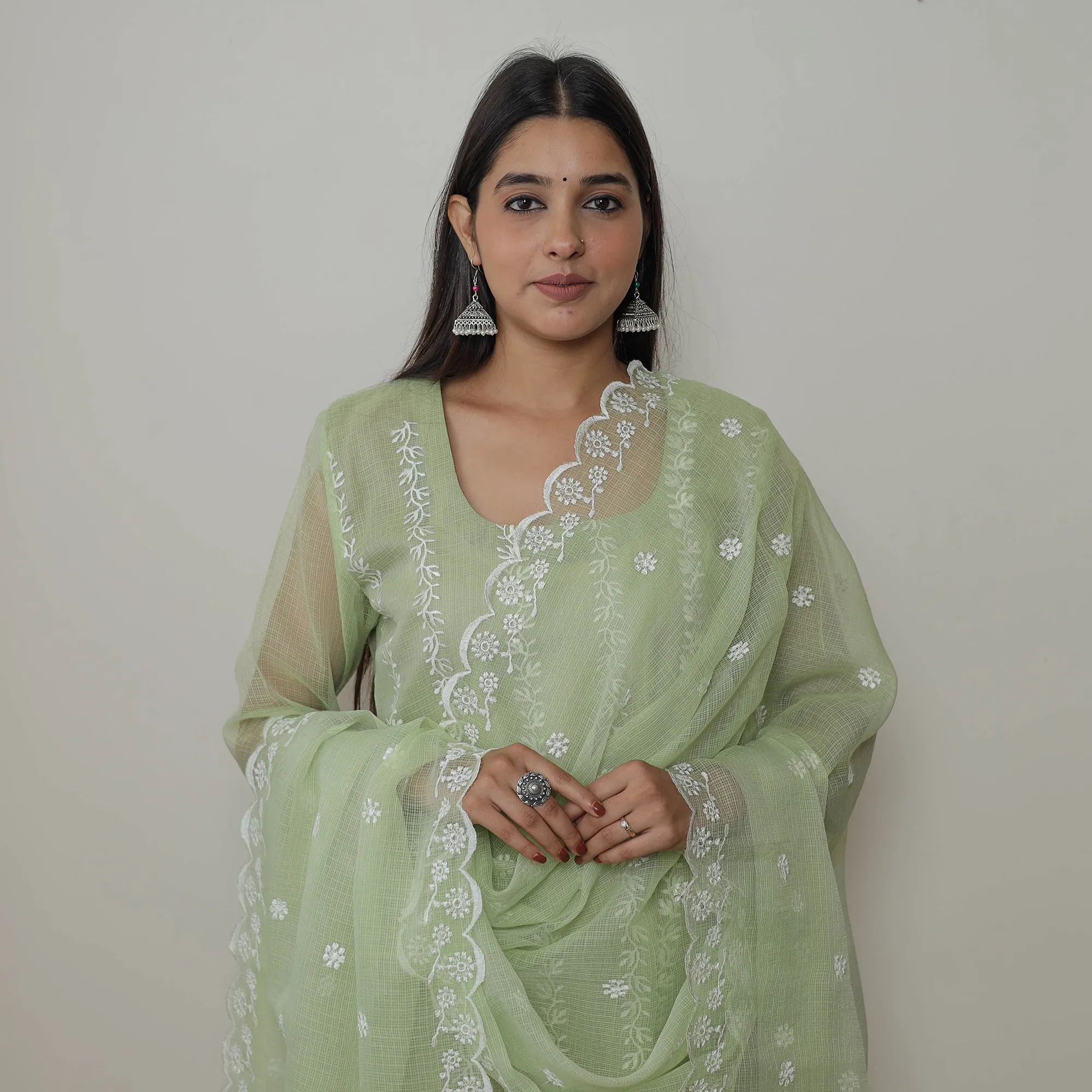 Green - Kota Doria Cotton Embroidery Kurta Suit Set 12 sold by Itokri product image thumbnail 4