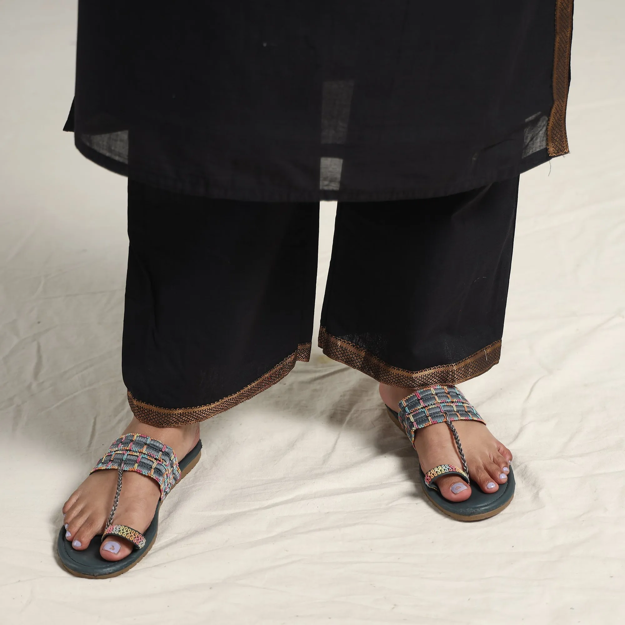 Black - Mangalagiri Handloom Cotton Kurta with Palazzo & Dupatta Set sold by Itokri product image thumbnail 5