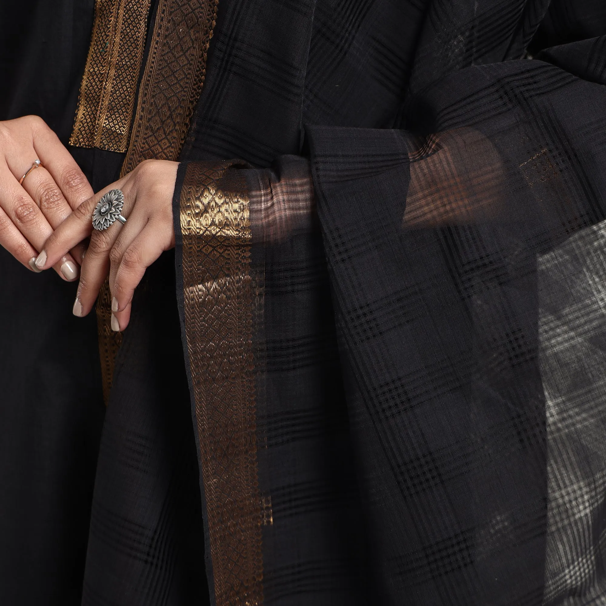 Black - Mangalagiri Handloom Cotton Kurta with Palazzo & Dupatta Set sold by Itokri product image thumbnail 4