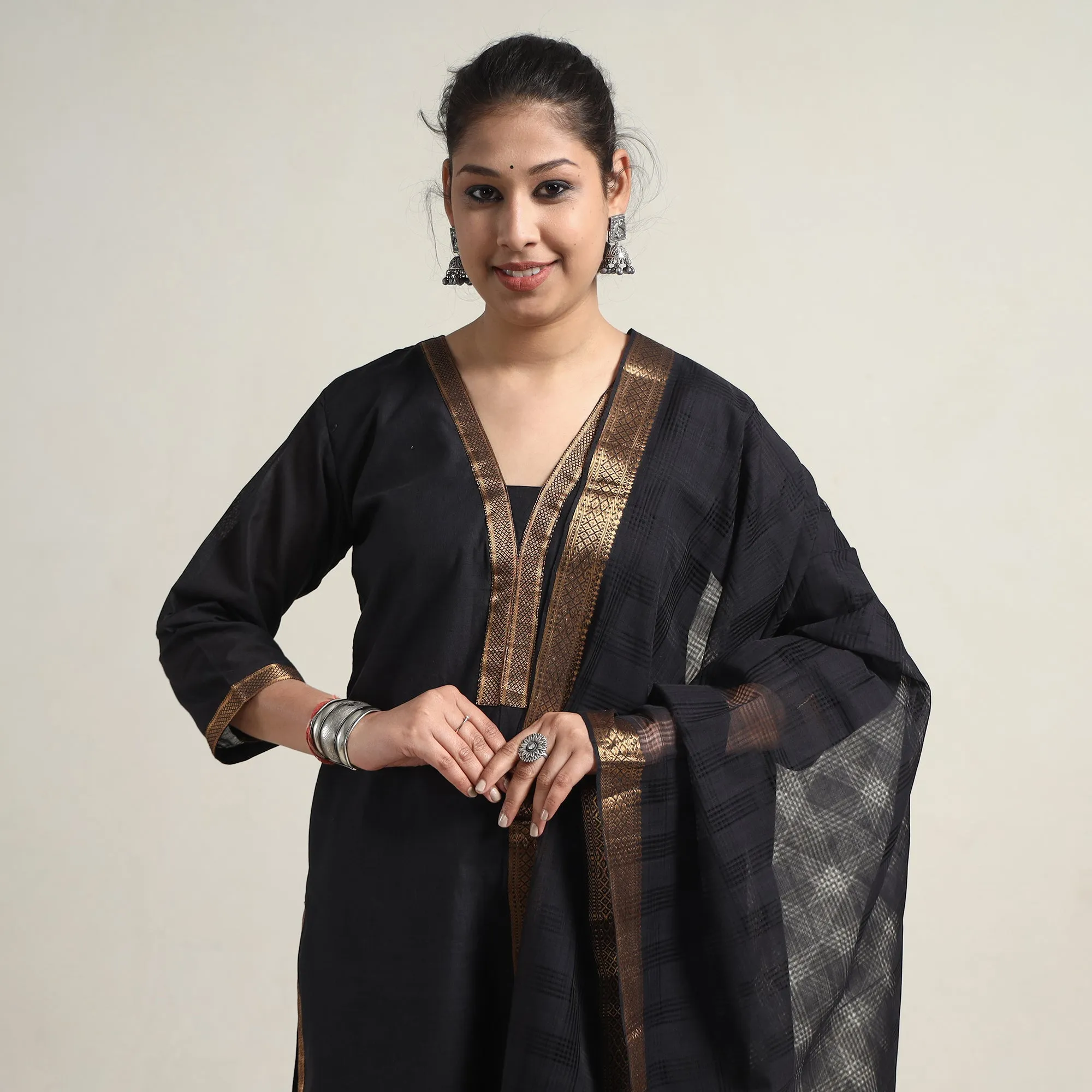 Black - Mangalagiri Handloom Cotton Kurta with Palazzo & Dupatta Set sold by Itokri product image thumbnail 3