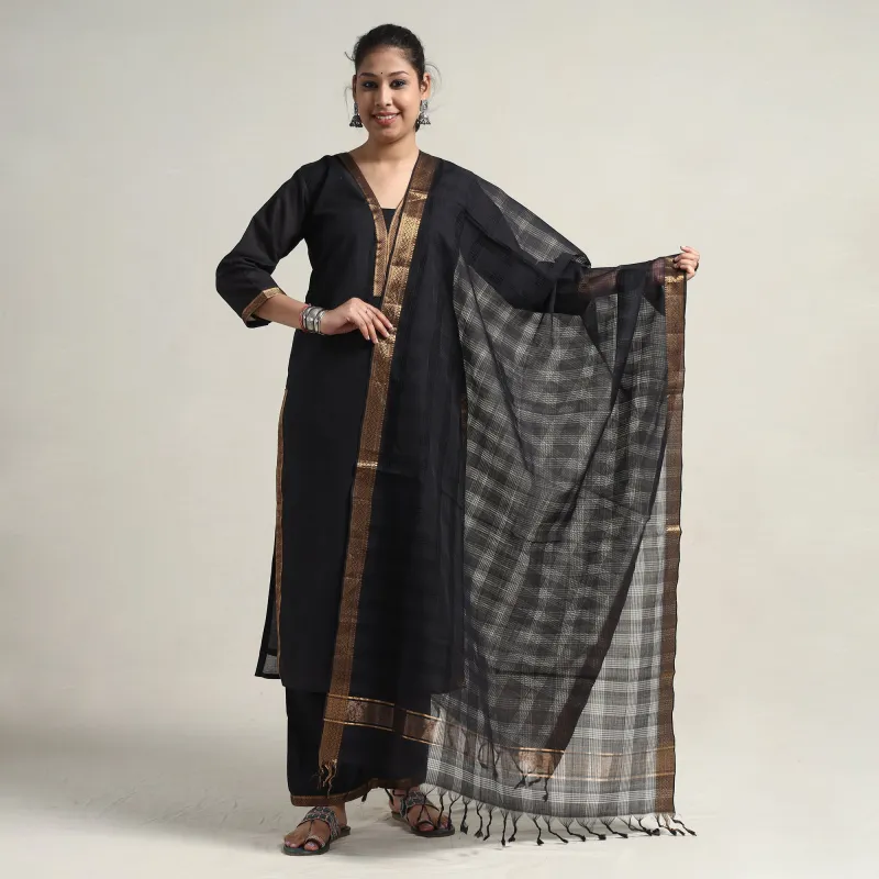 Black - Mangalagiri Handloom Cotton Kurta with Palazzo & Dupatta Set made by Itokri