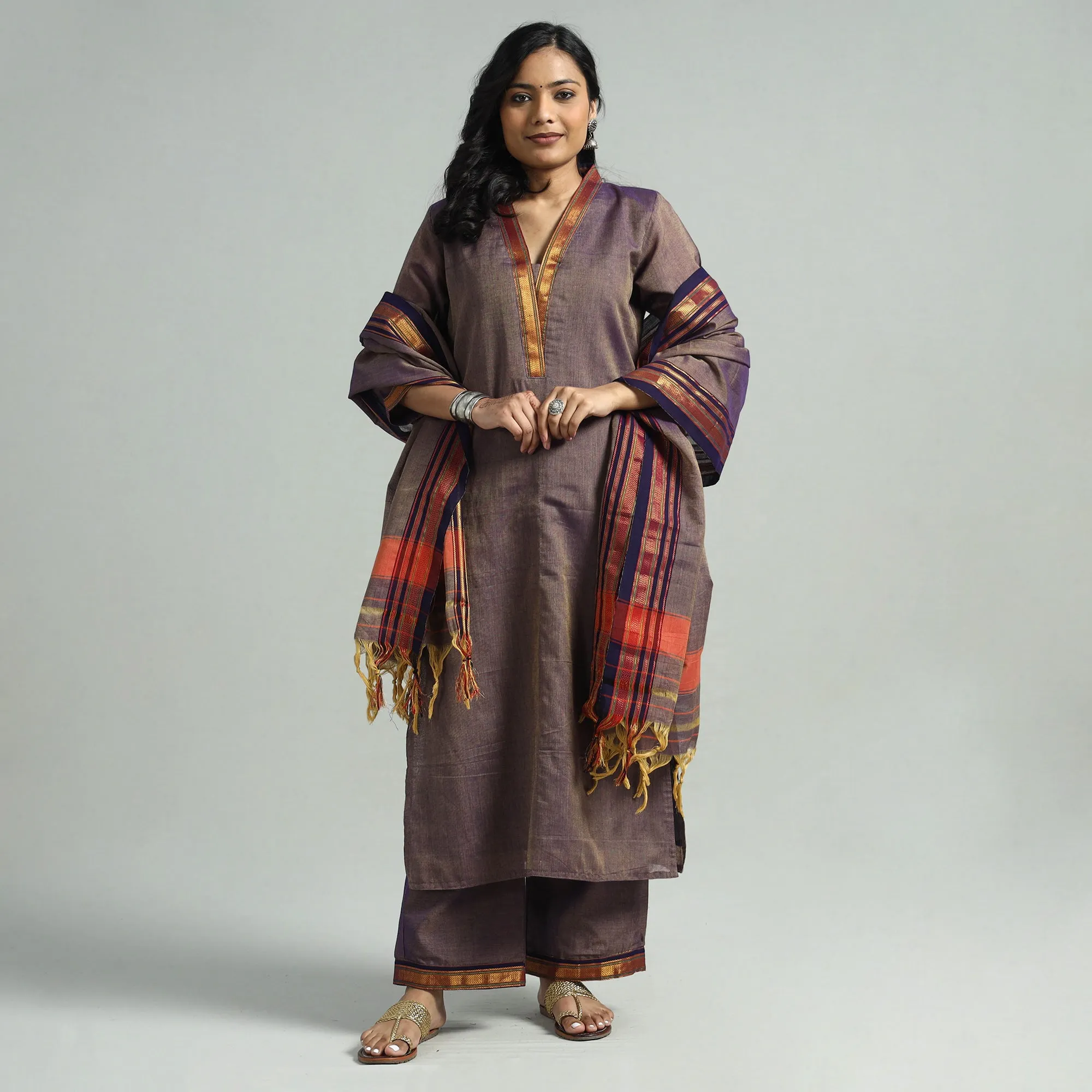 Brown - Dharwad Cotton Kurta with Palazzo & Dupatta Set sold by Itokri product image thumbnail 5