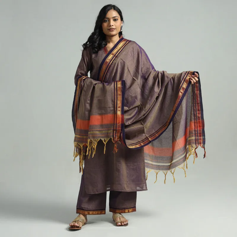 Brown - Dharwad Cotton Kurta with Palazzo & Dupatta Set made by Itokri