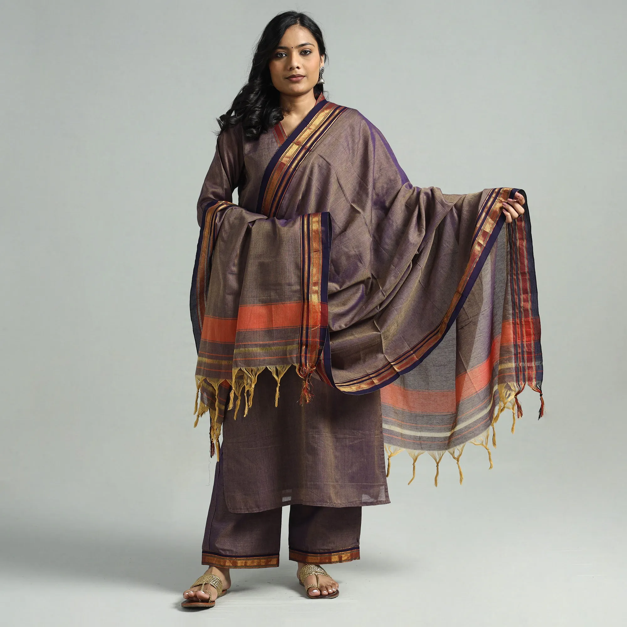 Brown - Dharwad Cotton Kurta with Palazzo & Dupatta Set sold by Itokri