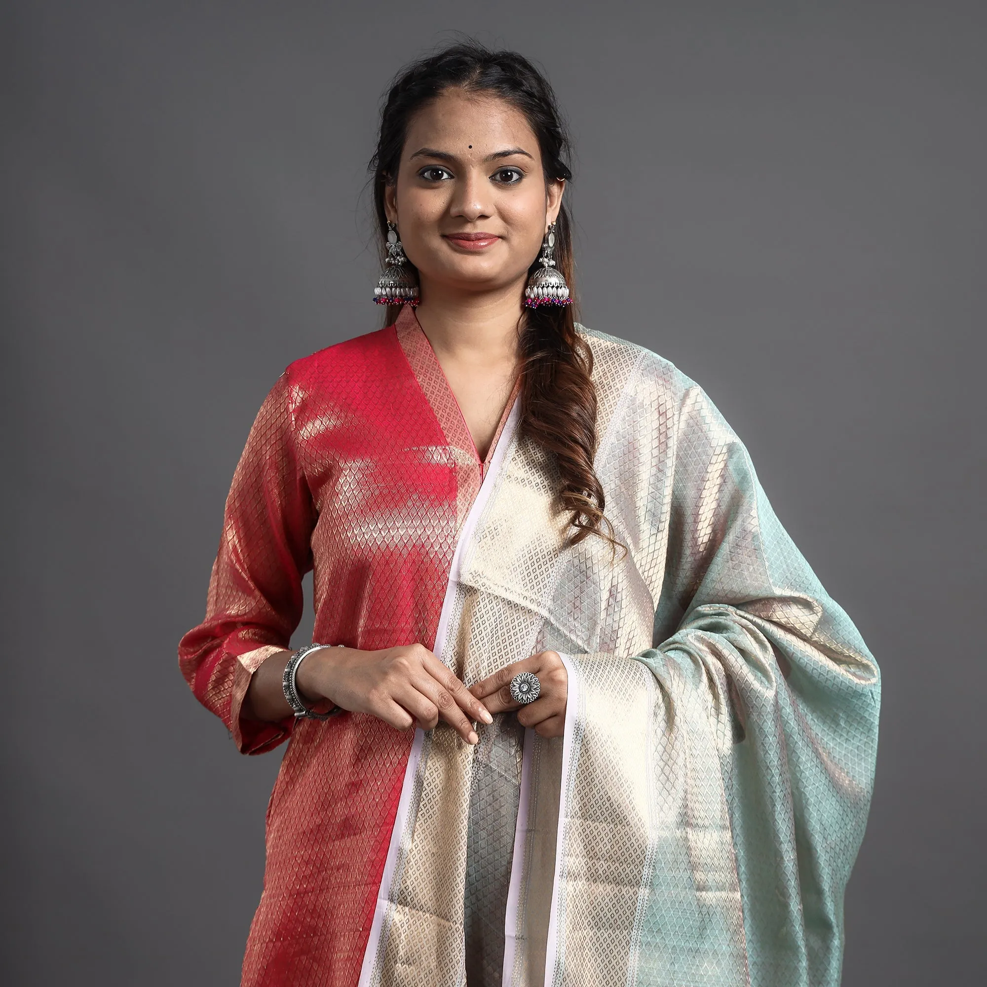 Red - Traditional Maheshwari Tissue Zari Work Cotton Handloom Kurta with Dupatta Set sold by Itokri product image thumbnail 5