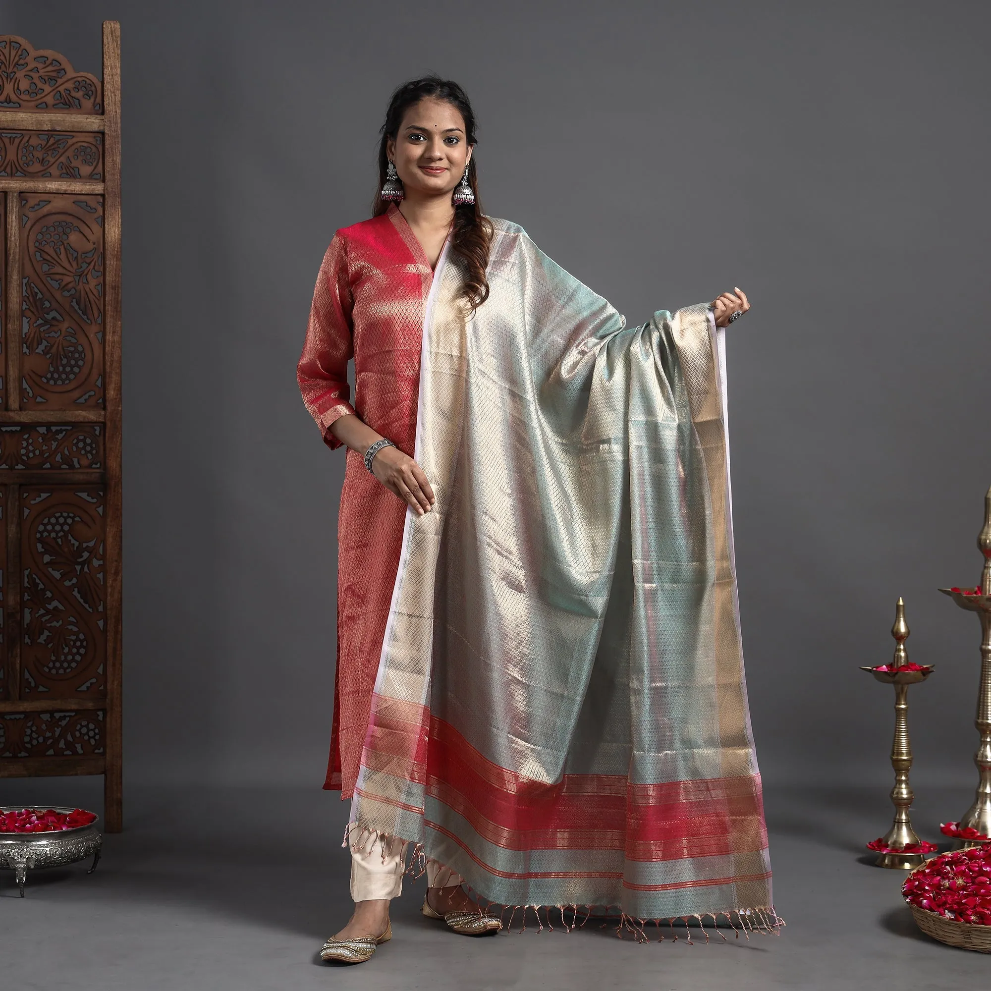 Red - Traditional Maheshwari Tissue Zari Work Cotton Handloom Kurta with Dupatta Set sold by Itokri product image thumbnail 2