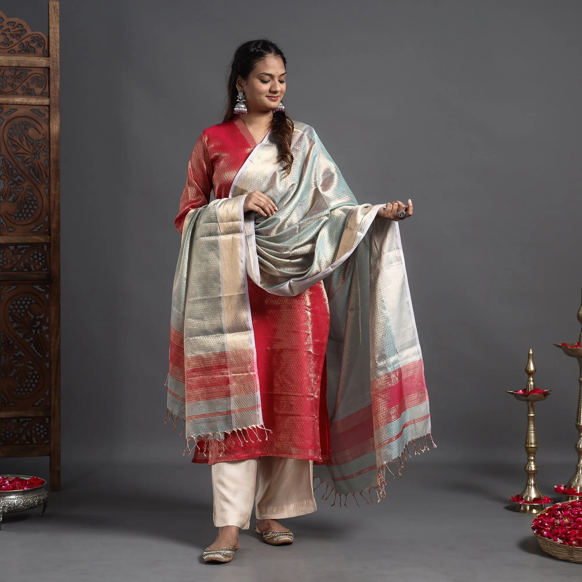 Red - Traditional Maheshwari Tissue Zari Work Cotton Handloom Kurta with Dupatta Set sold by Itokri