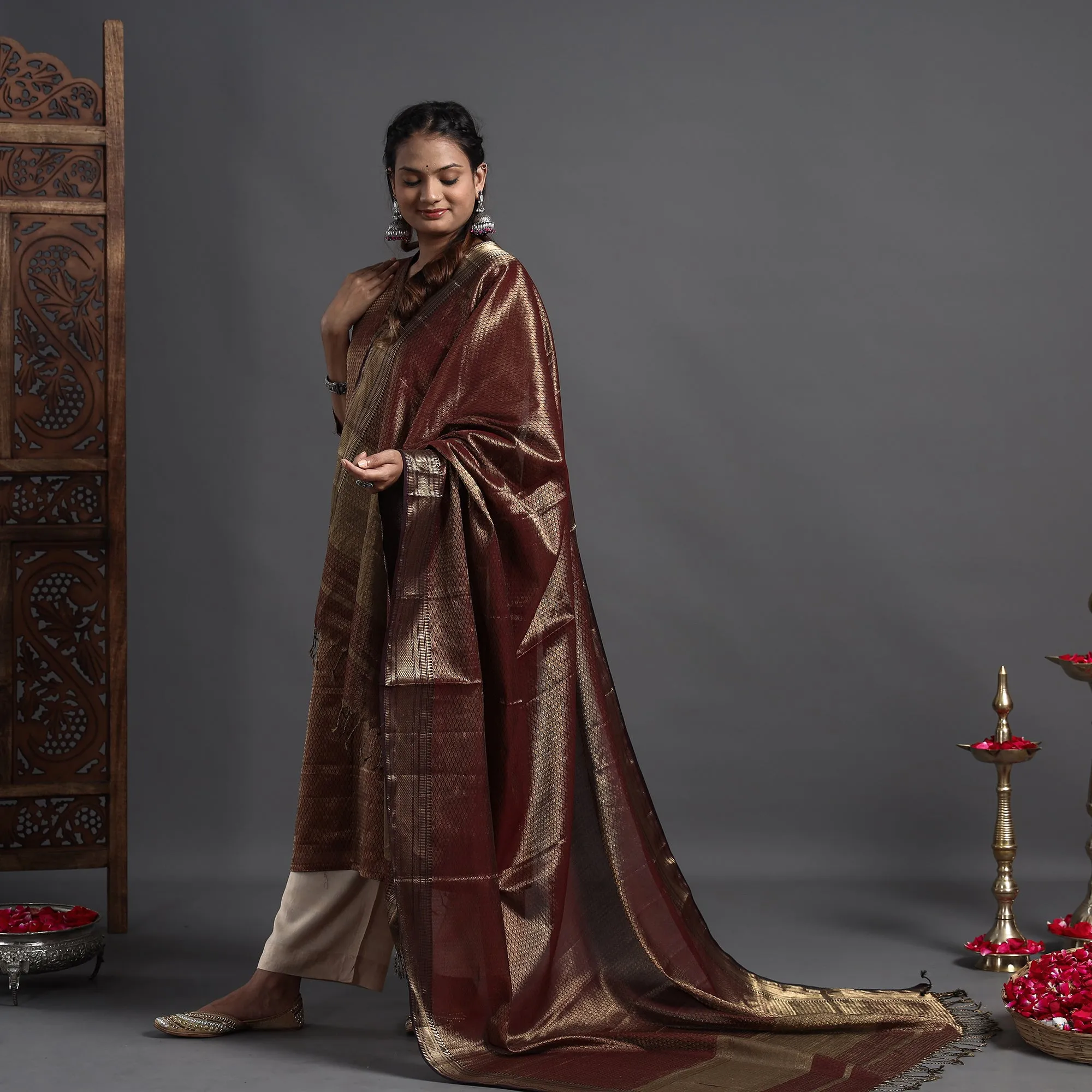 Dark Brown - Traditional Maheshwari Tissue Zari Work Cotton Handloom Kurta with Dupatta Set sold by Itokri product image thumbnail 3