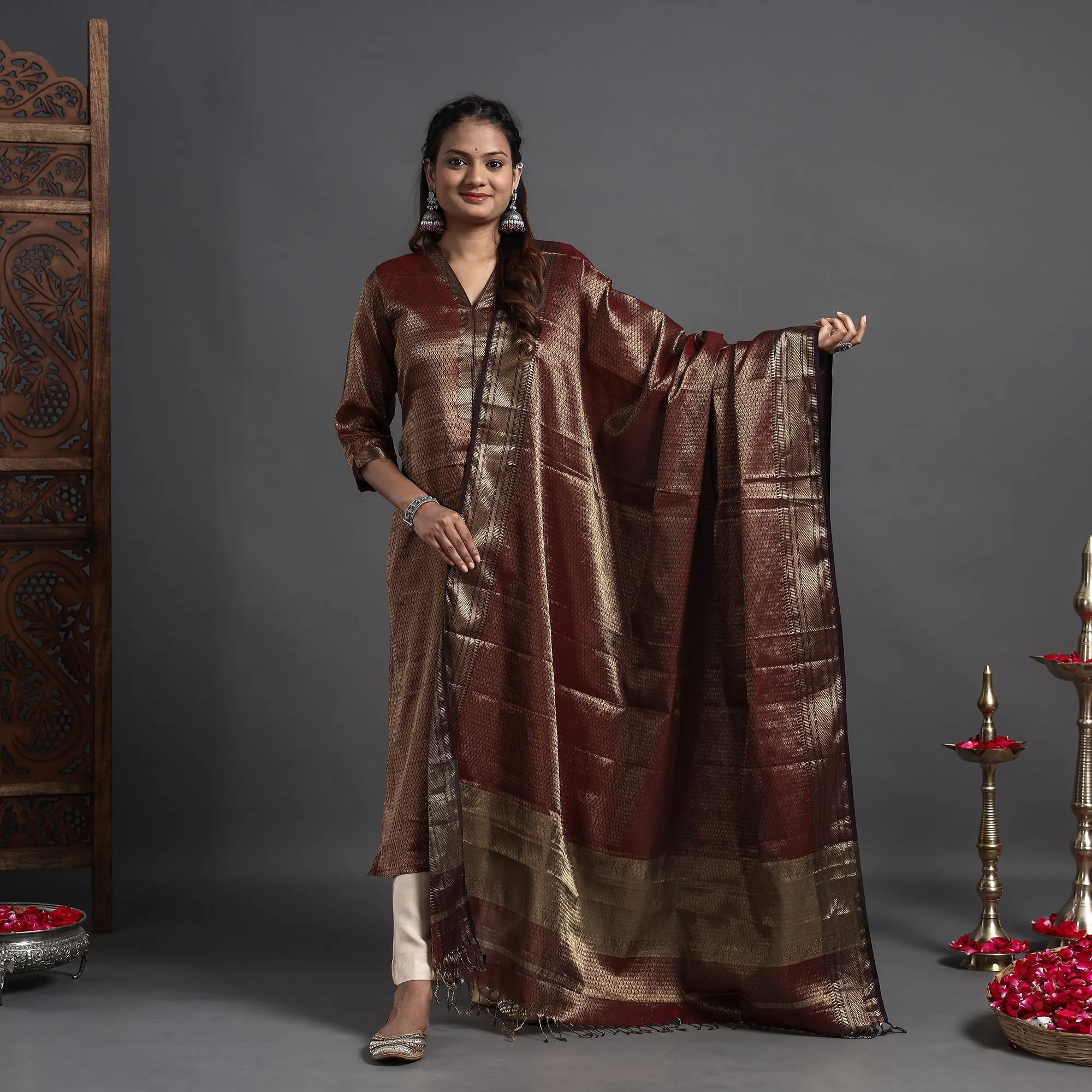 Dark Brown - Traditional Maheshwari Tissue Zari Work Cotton Handloom Kurta with Dupatta Set sold by Itokri product image thumbnail 2