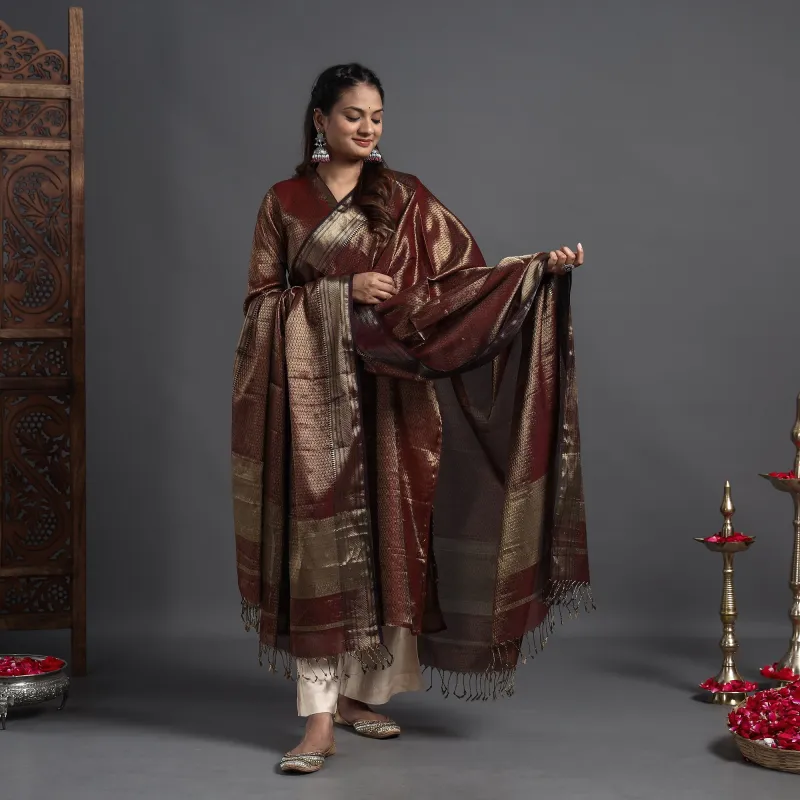 Dark Brown - Traditional Maheshwari Tissue Zari Work Cotton Handloom Kurta with Dupatta Set made by Itokri
