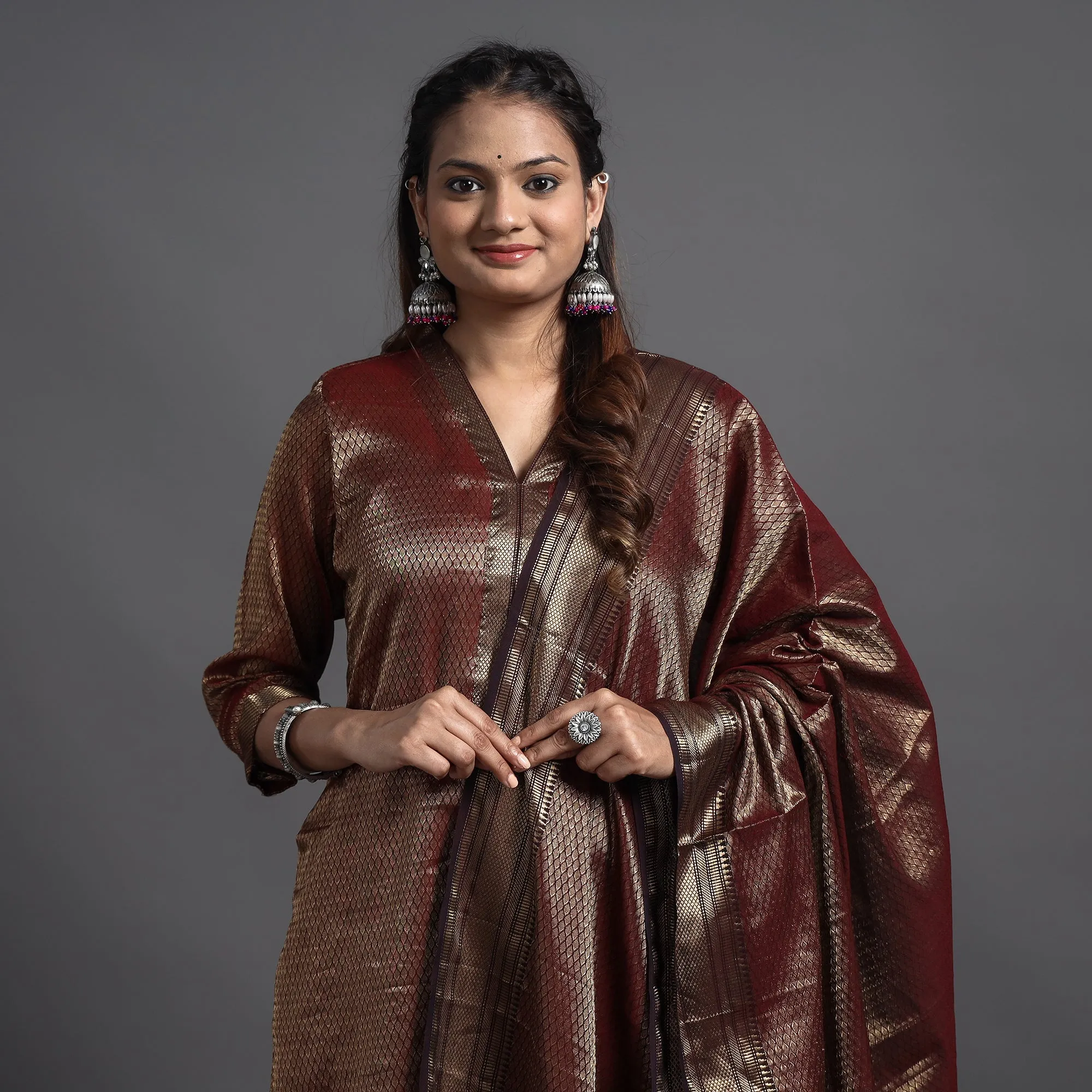 Dark Brown - Traditional Maheshwari Tissue Zari Work Cotton Handloom Kurta with Dupatta Set sold by Itokri product image thumbnail 5
