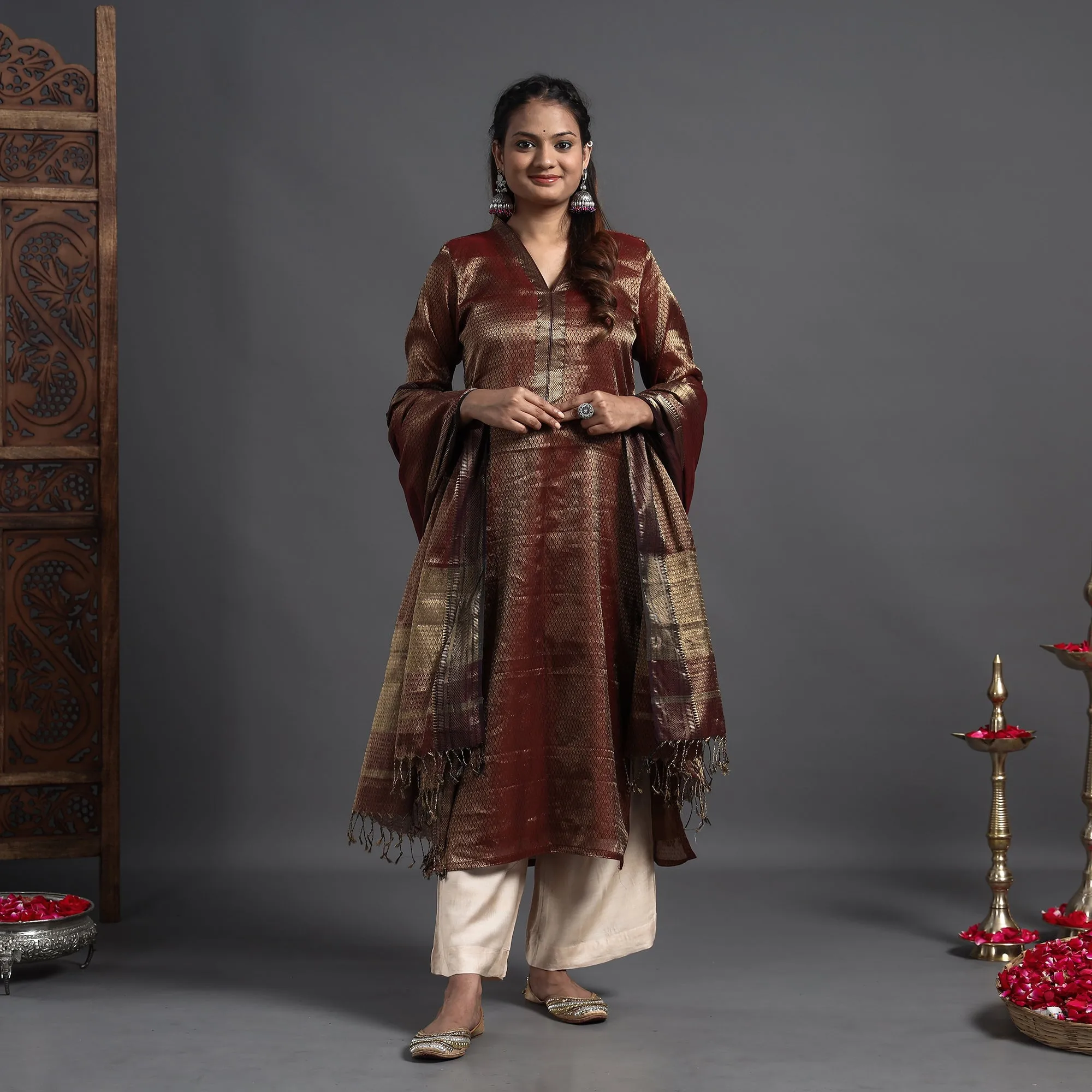 Dark Brown - Traditional Maheshwari Tissue Zari Work Cotton Handloom Kurta with Dupatta Set sold by Itokri product image thumbnail 4