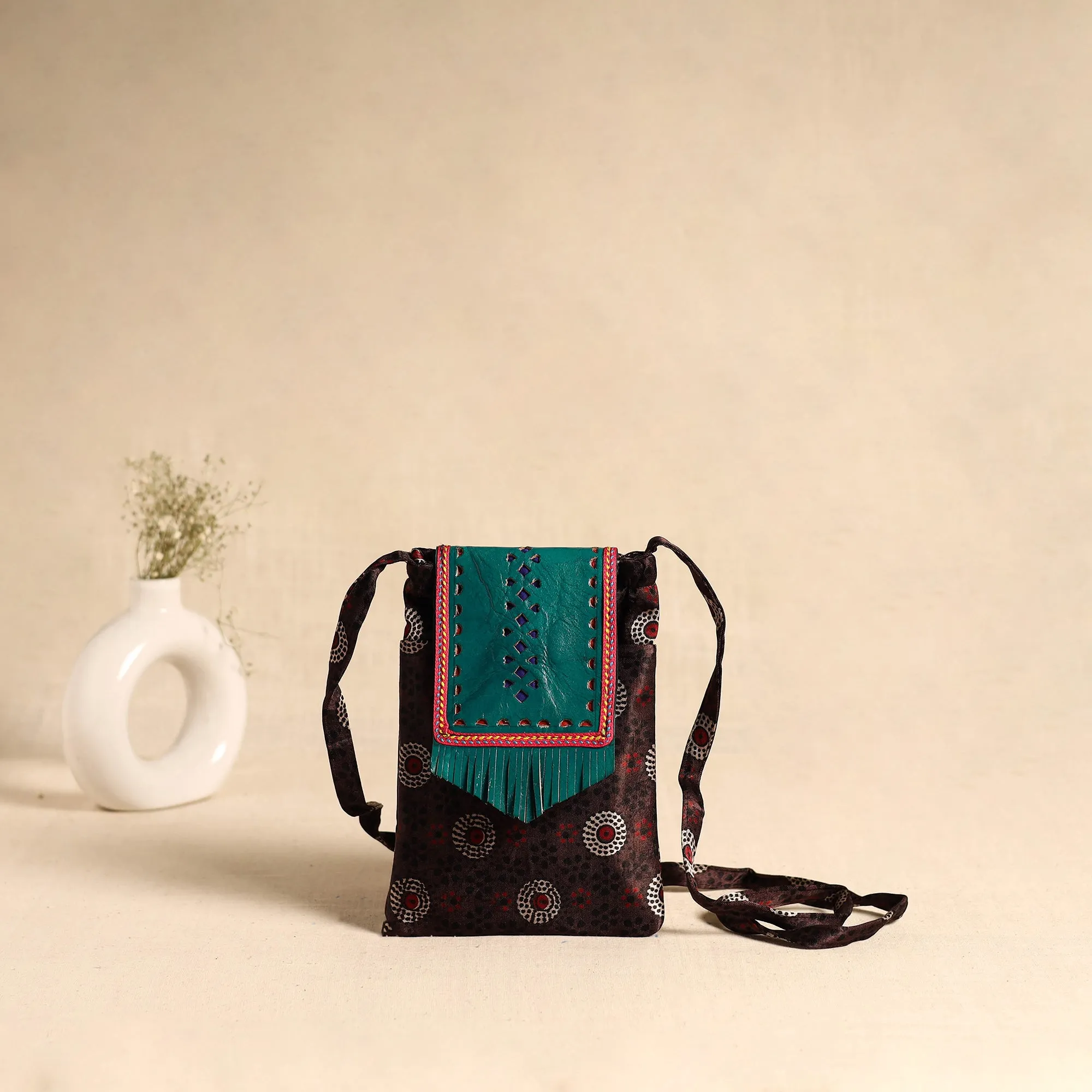 Traditional Kutch Mashru Silk Leather Flap Sling Bag 65 sold by Itokri