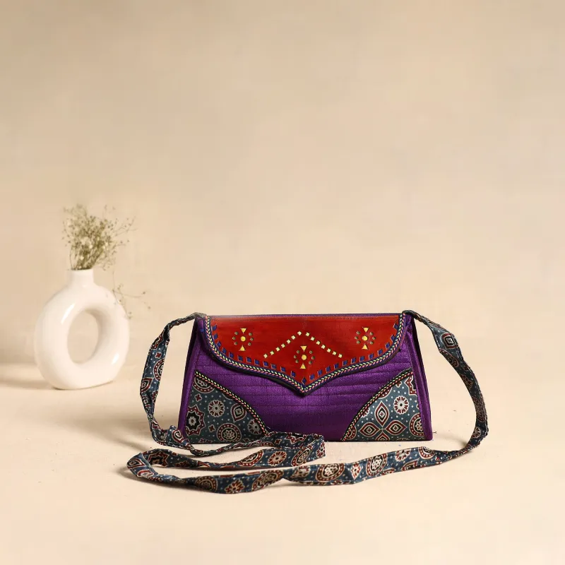 Traditional Kutch Patchwork Silk Leather Flap Sling Bag 43 made by Itokri