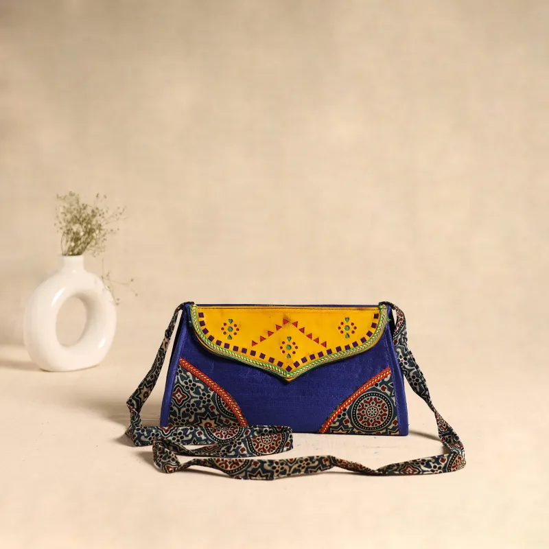Traditional Kutch Patchwork Silk Leather Flap Sling Bag 41 made by Itokri