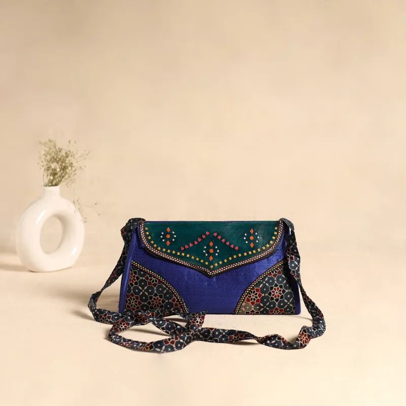 Traditional Kutch Patchwork Silk Leather Flap Sling Bag 38 made by Itokri