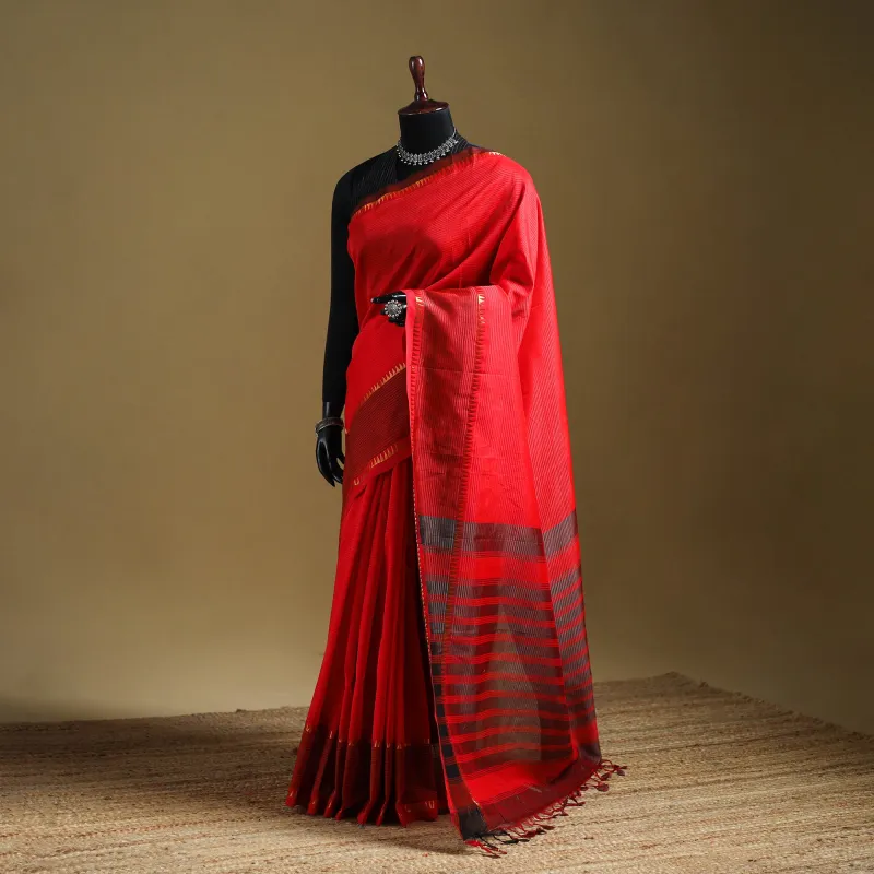 Red - Pure Handwoven Mangalagiri Silk Cotton Pattu Saree with Zari Border 09 made by Itokri