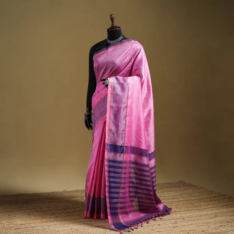 Pink - Pure Handwoven Mangalagiri Silk Cotton Pattu Saree with Zari Border 11 made by Itokri