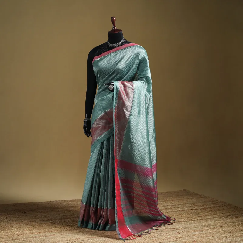 Green - Pure Handwoven Mangalagiri Silk Cotton Pattu Saree with Zari Border 05 made by Itokri