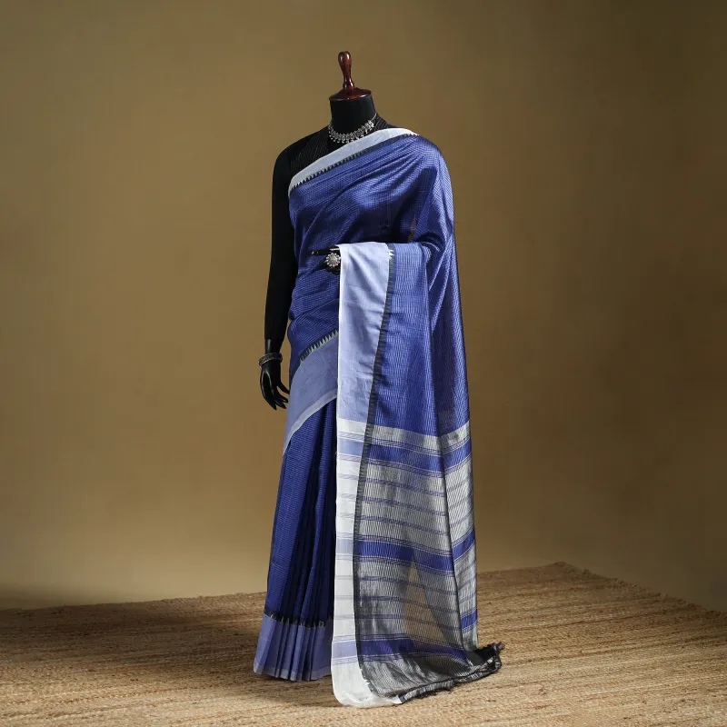 Blue - Pure Handwoven Mangalagiri Silk Cotton Pattu Saree with Zari Border 04 made by Itokri
