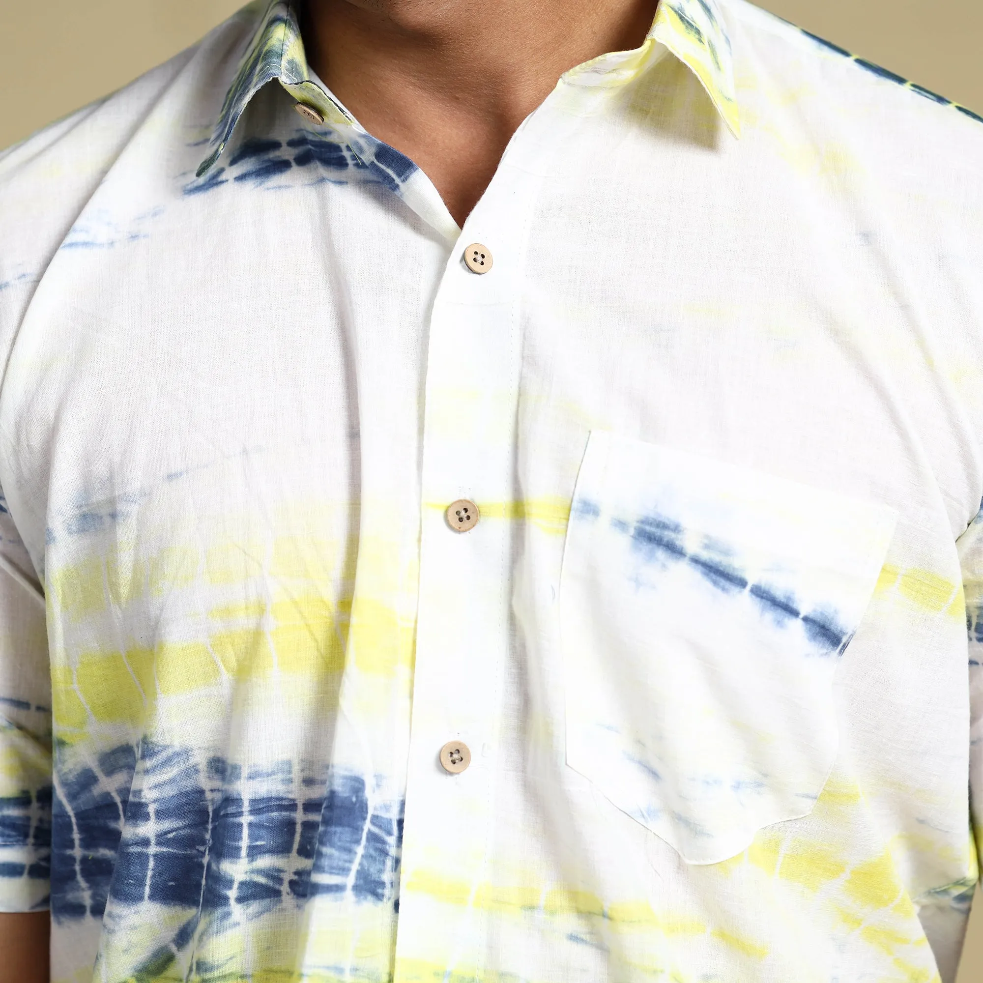 White - Shibori Tie-Dye Cotton Men Half Sleeve Shirt sold by Itokri product image thumbnail 5
