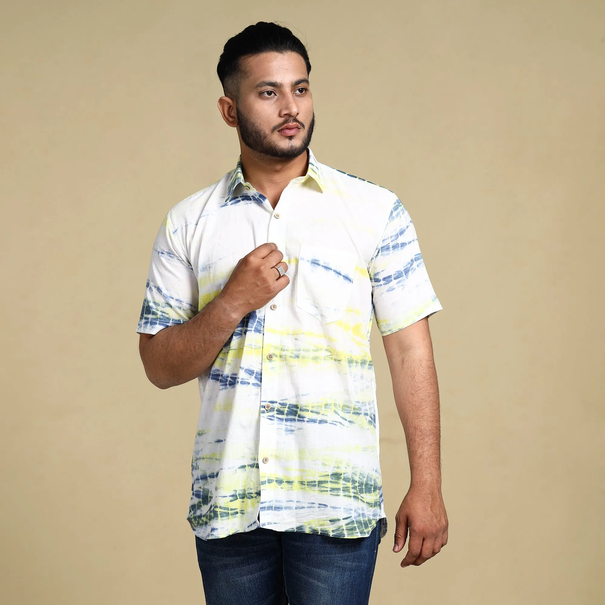 White - Shibori Tie-Dye Cotton Men Half Sleeve Shirt sold by Itokri