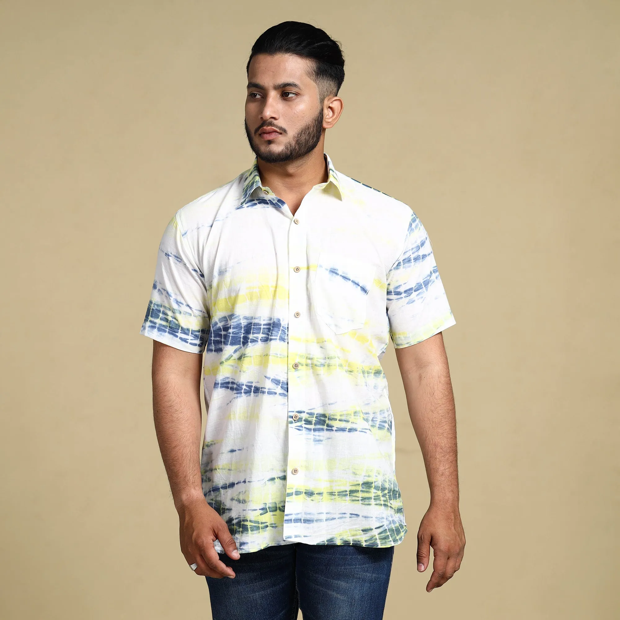 White - Shibori Tie-Dye Cotton Men Half Sleeve Shirt sold by Itokri product image thumbnail 3