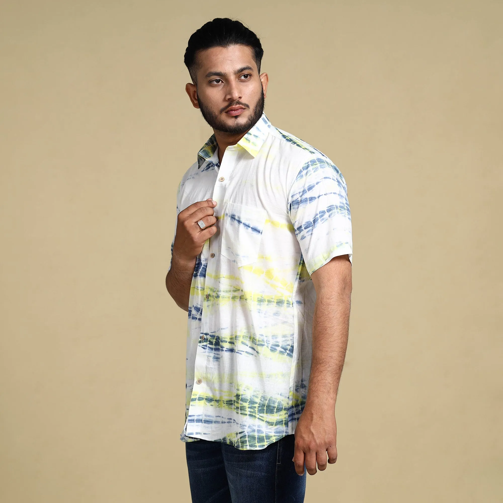White - Shibori Tie-Dye Cotton Men Half Sleeve Shirt sold by Itokri product image thumbnail 2