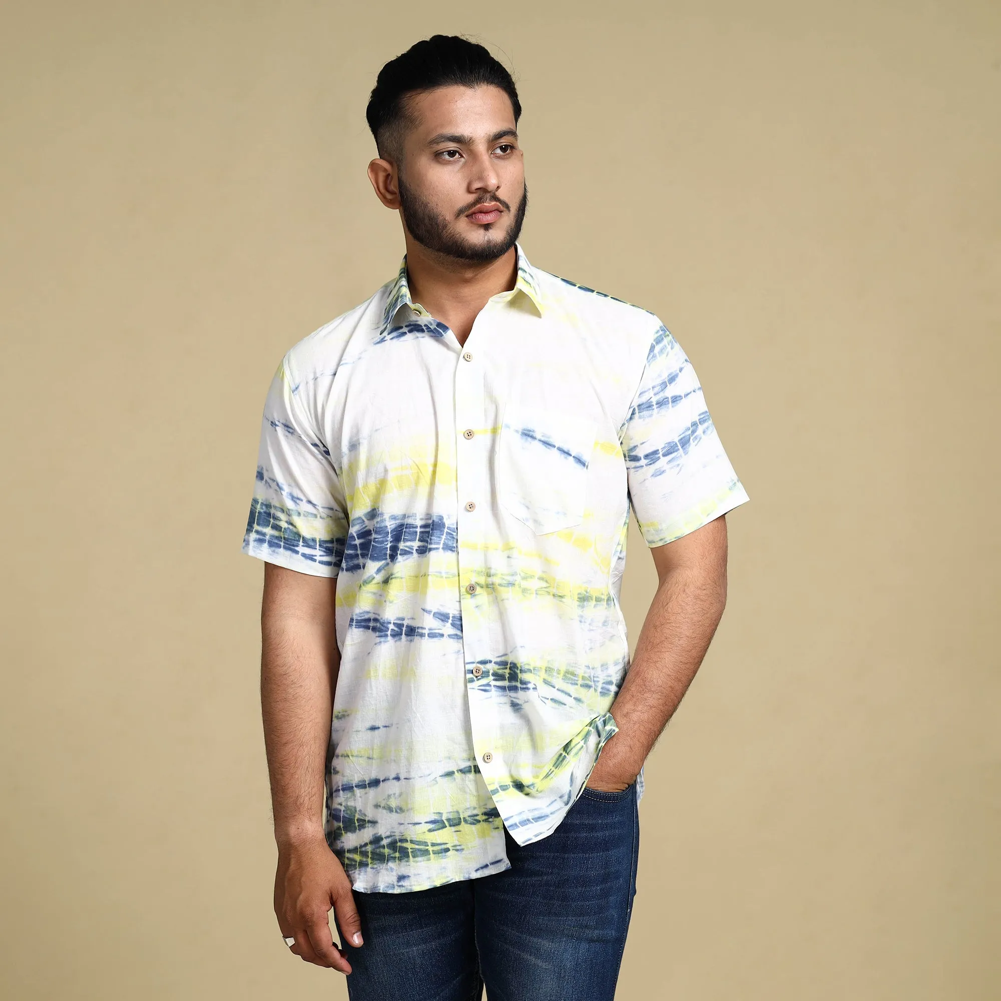 White - Shibori Tie-Dye Cotton Men Half Sleeve Shirt sold by Itokri product image thumbnail 4