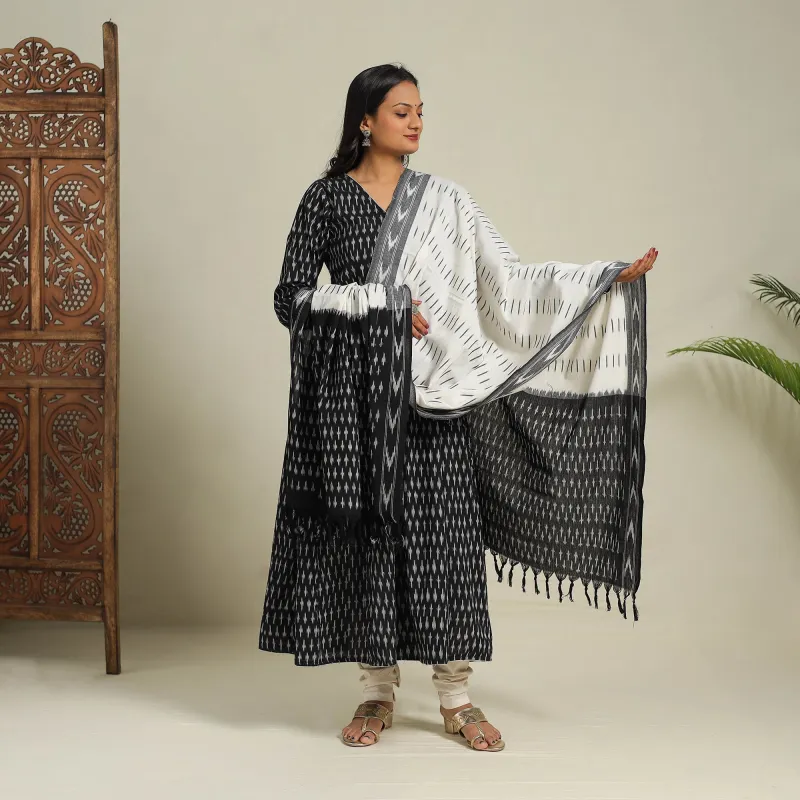 Black - Frock Style Cotton Pochampally Ikat Kurta Set 10 made by Itokri