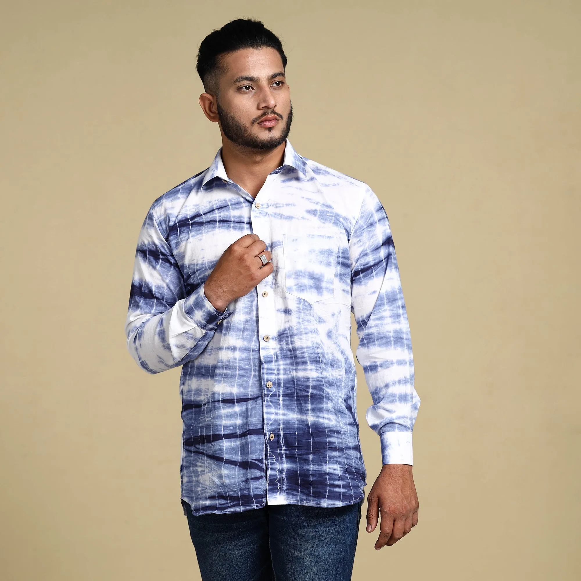 Blue - Shibori Tie-Dye Cotton Men Full Sleeve Shirt sold by Itokri