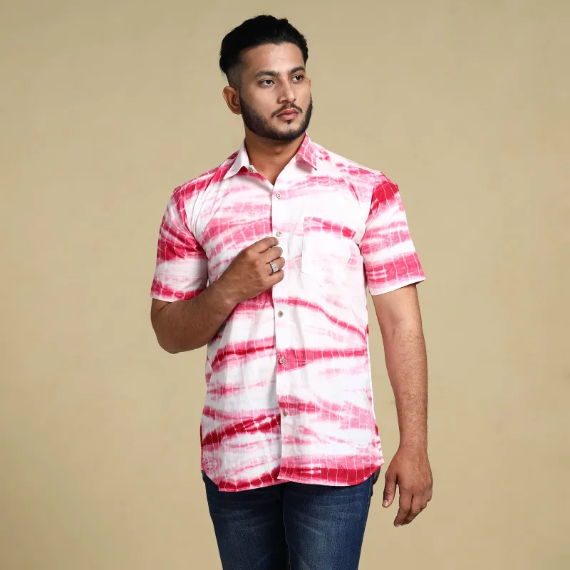 Pink - Shibori Tie-Dye Cotton Men Half Sleeve Shirt made by Itokri
