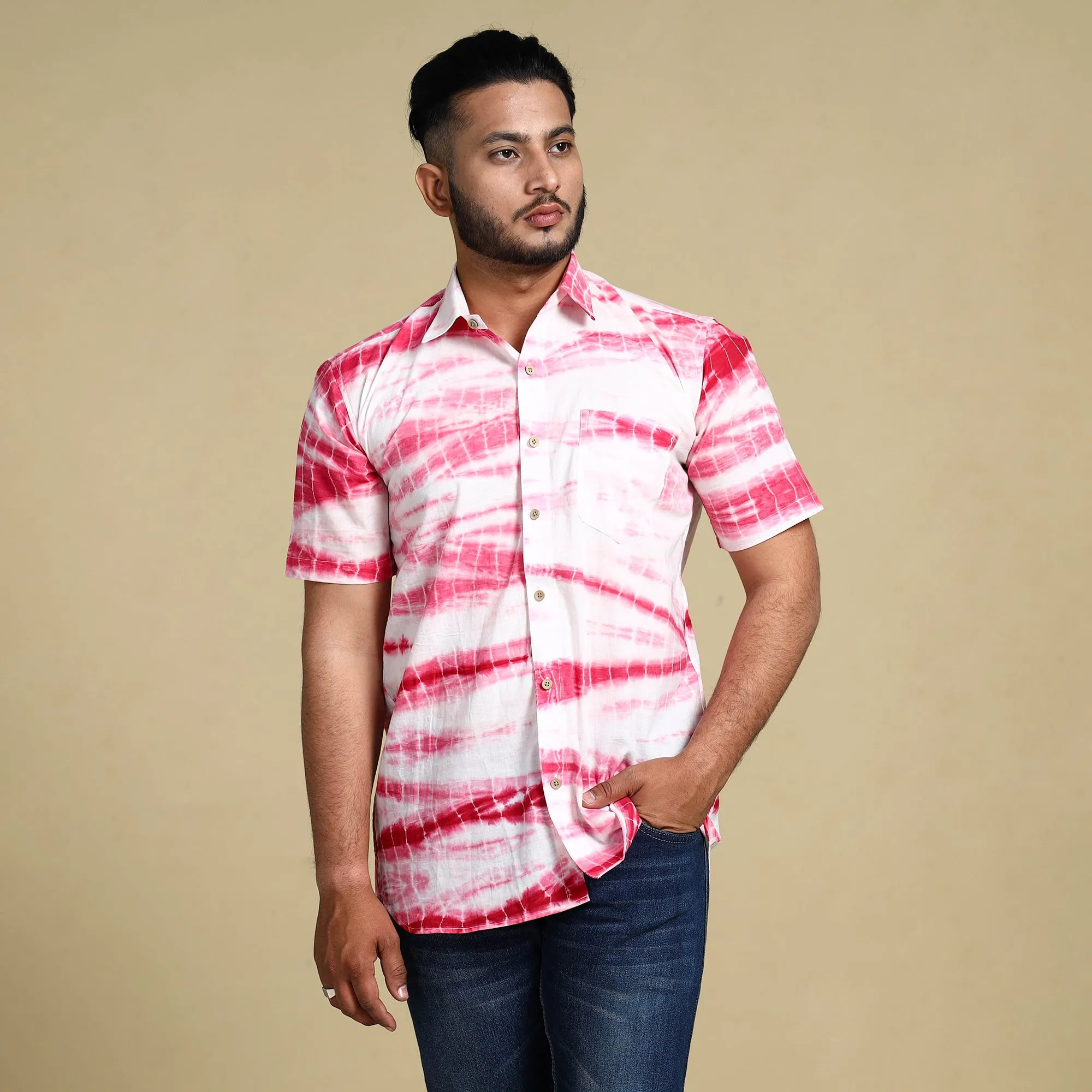 Pink - Shibori Tie-Dye Cotton Men Half Sleeve Shirt sold by Itokri product image thumbnail 3