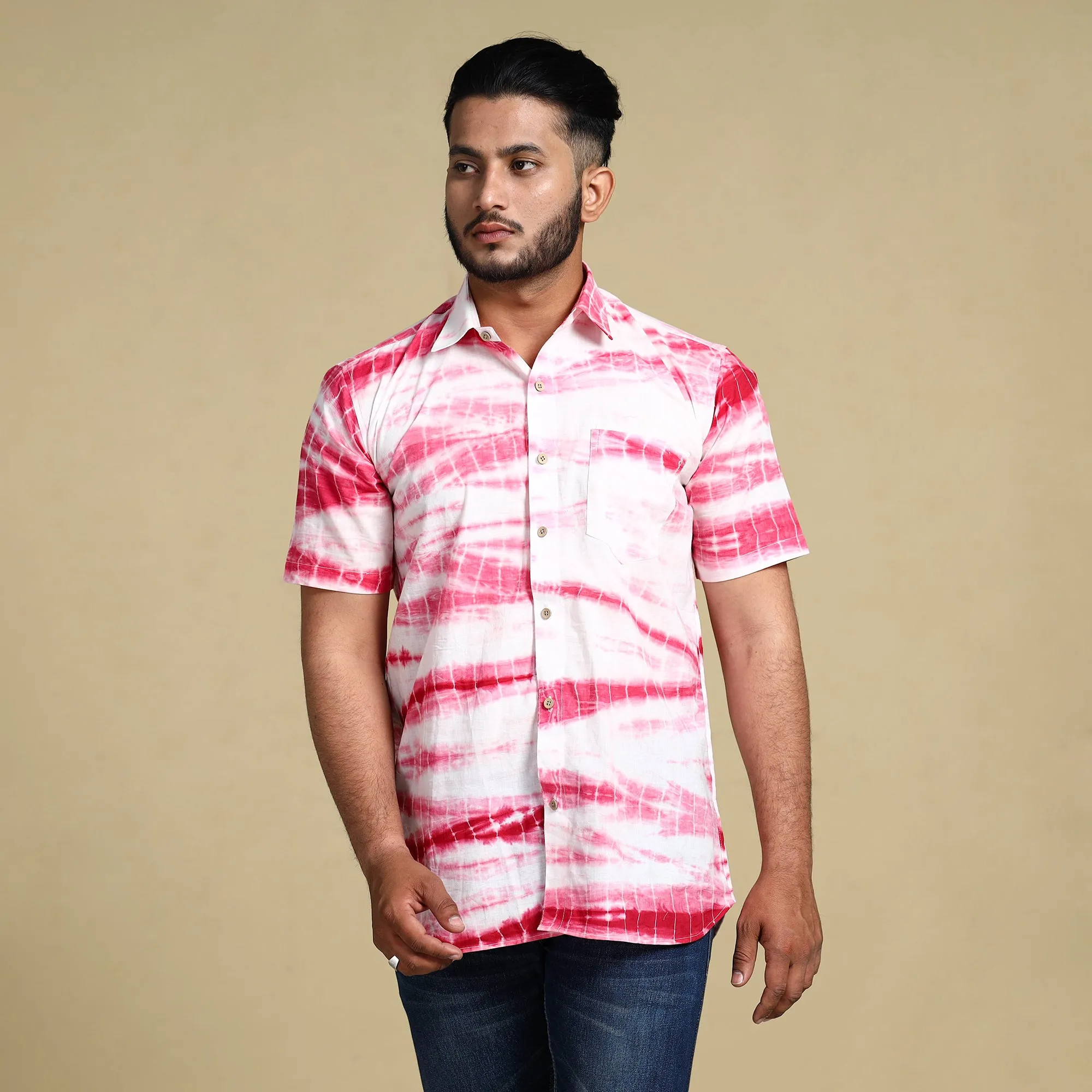 Pink - Shibori Tie-Dye Cotton Men Half Sleeve Shirt sold by Itokri product image thumbnail 5
