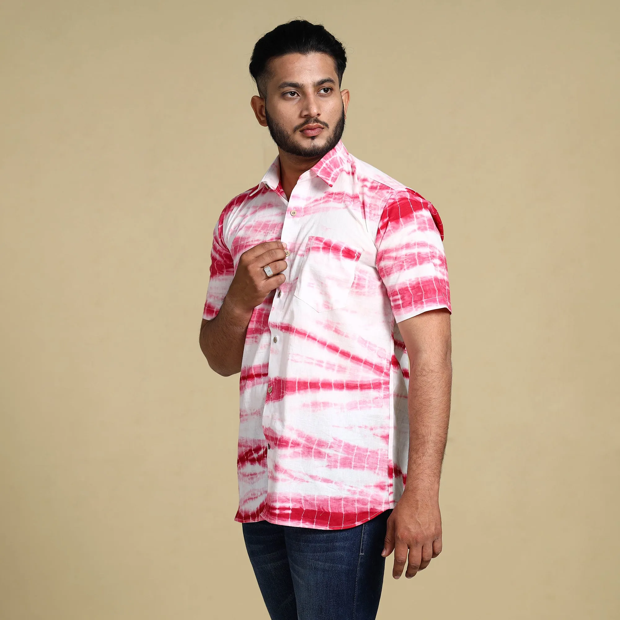 Pink - Shibori Tie-Dye Cotton Men Half Sleeve Shirt sold by Itokri product image thumbnail 2