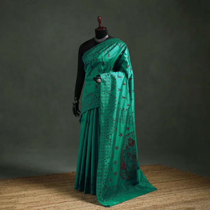 Green - Bengal Nakshi Kantha Hand Embroidered Silk Saree 56 made by Itokri