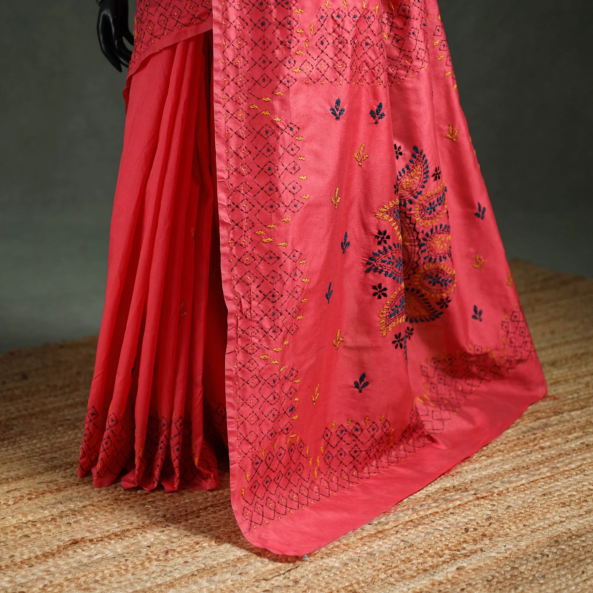 Red - Bengal Nakshi Kantha Hand Embroidered Silk Saree 47 sold by Itokri product image thumbnail 4