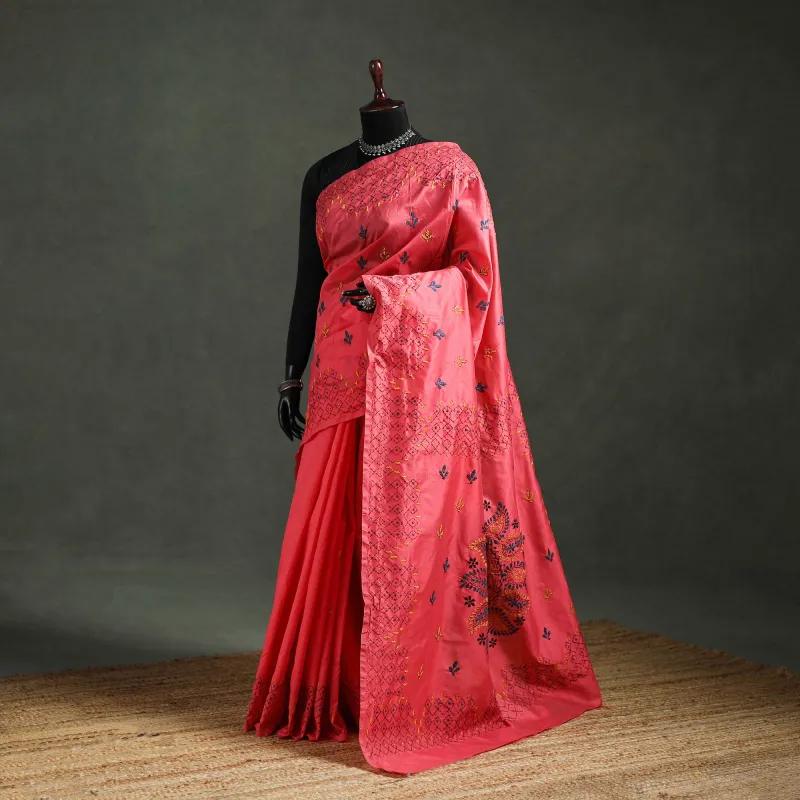 Red - Bengal Nakshi Kantha Hand Embroidered Silk Saree 47 made by Itokri