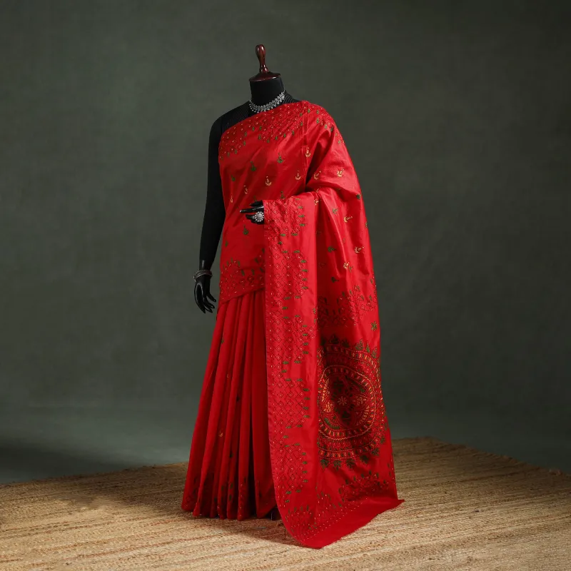 Red - Bengal Nakshi Kantha Hand Embroidered Silk Saree 37 made by Itokri