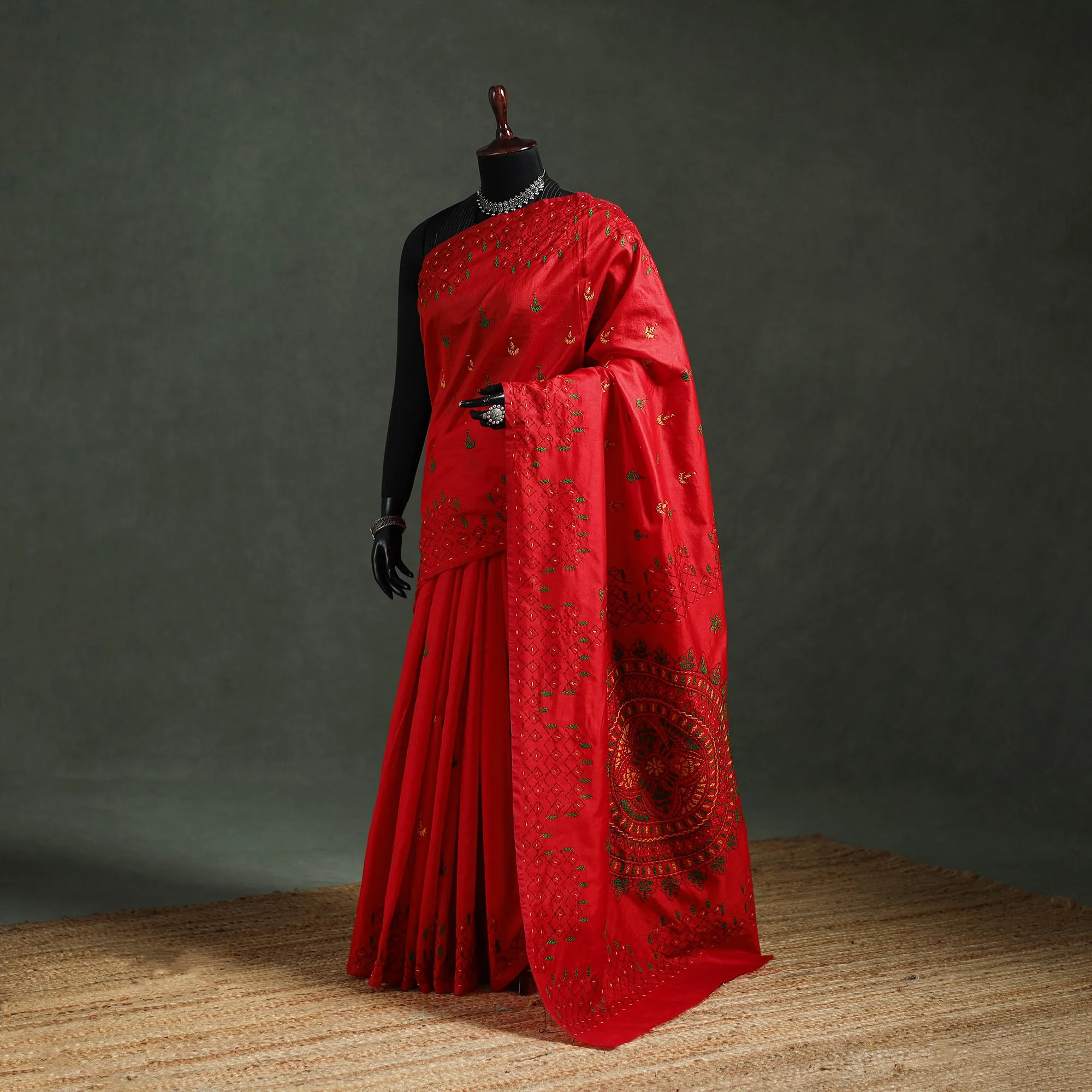 Red - Bengal Nakshi Kantha Hand Embroidered Silk Saree 37 sold by Itokri