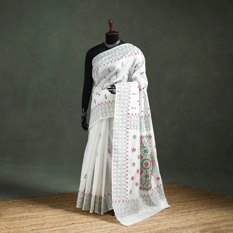 White - Bengal Nakshi Kantha Hand Embroidered Silk Saree 38 made by Itokri