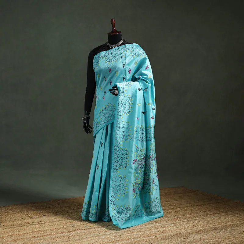 Blue - Bengal Nakshi Kantha Hand Embroidered Silk Saree 36 made by Itokri