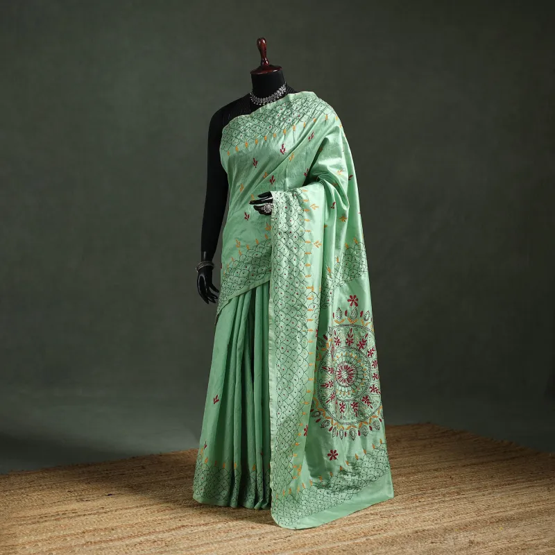 Green - Bengal Nakshi Kantha Hand Embroidered Silk Saree 35 made by Itokri
