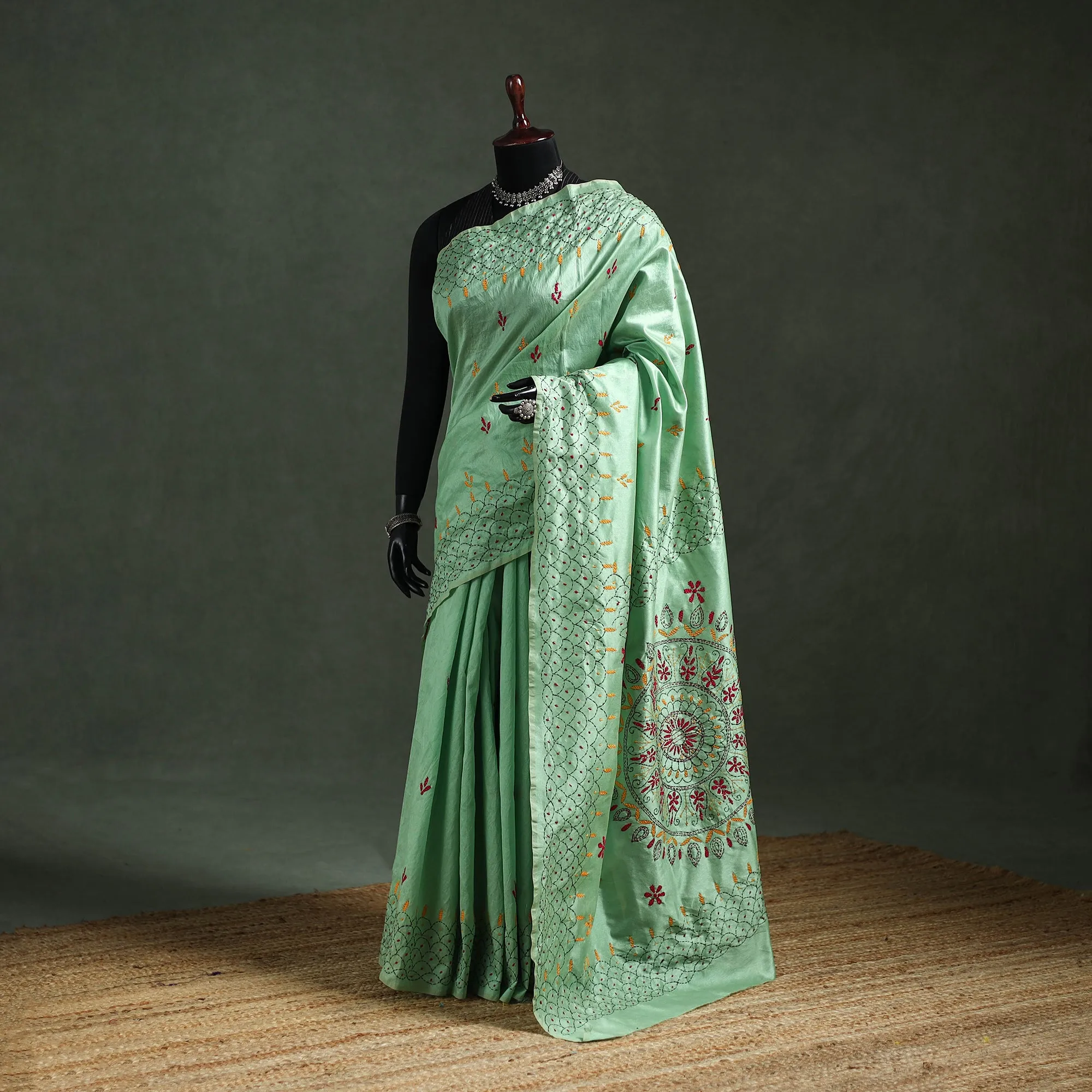 Green - Bengal Nakshi Kantha Hand Embroidered Silk Saree 35 sold by Itokri