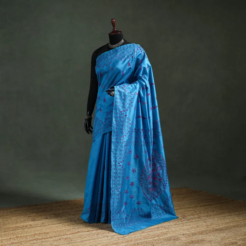Blue - Bengal Nakshi Kantha Hand Embroidered Silk Saree 34 made by Itokri