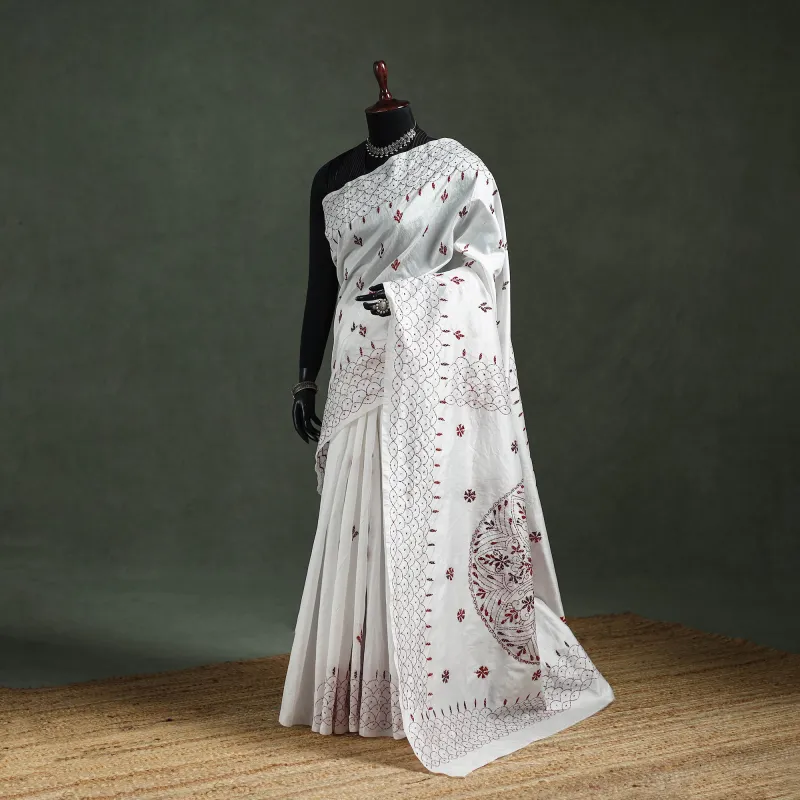 White - Bengal Nakshi Kantha Hand Embroidered Silk Saree 33 made by Itokri