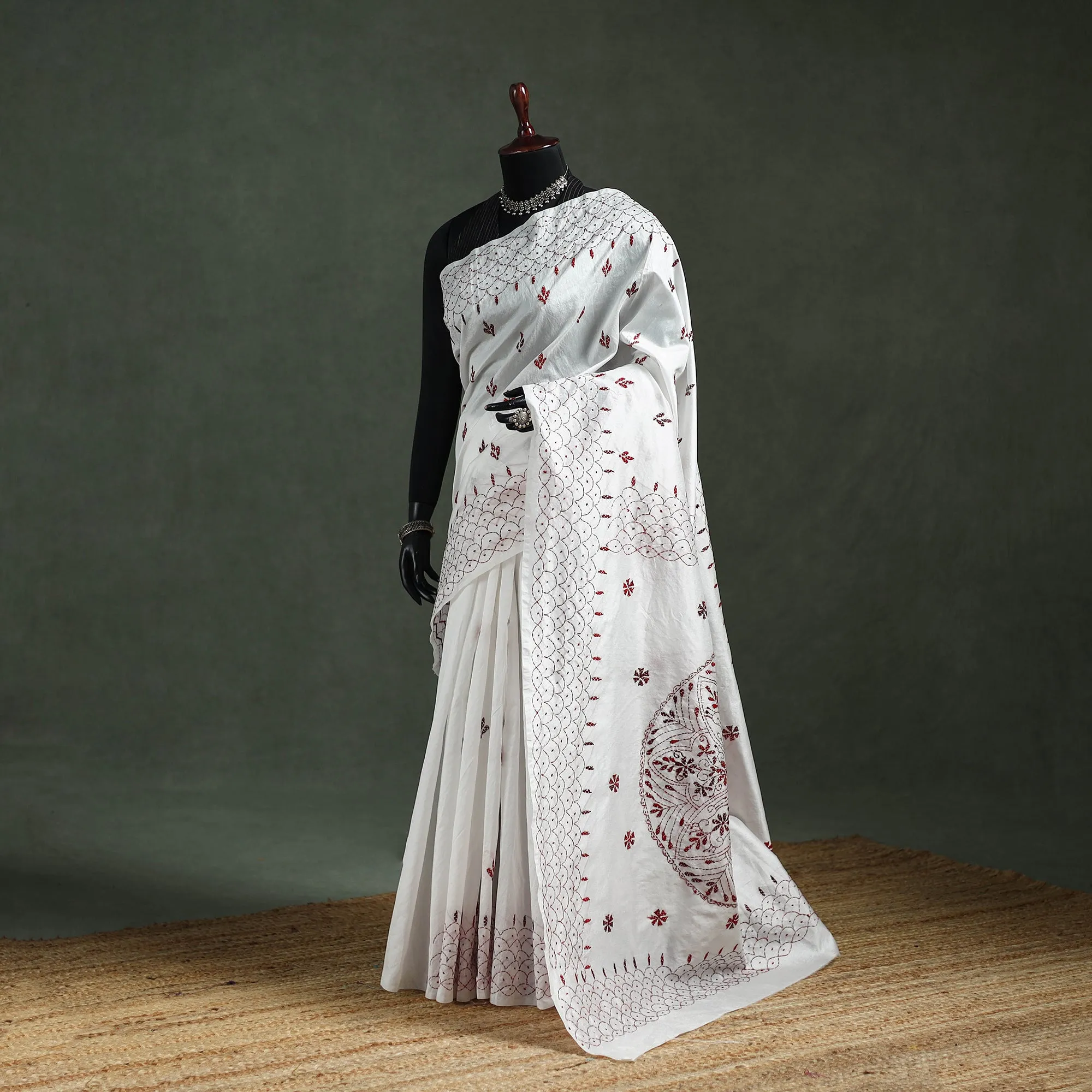 White - Bengal Nakshi Kantha Hand Embroidered Silk Saree 33 sold by Itokri